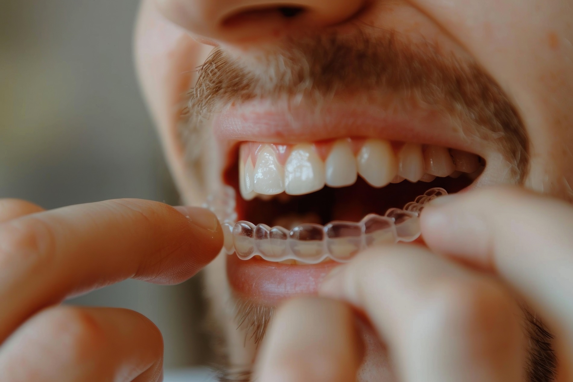 Man placing his clear aligners in his mouth provided by Sheyenne Dental in Fargo ND